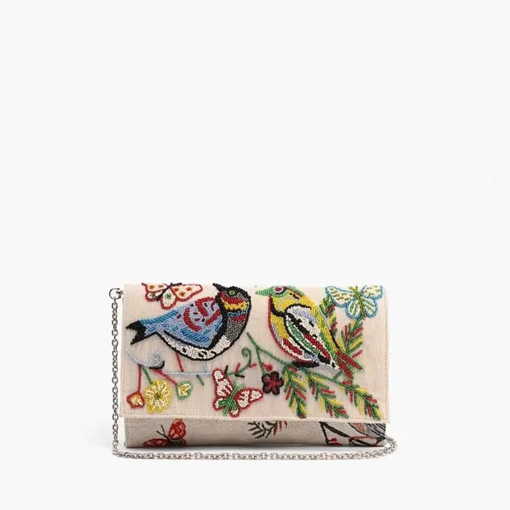 America & Beyond Birds In Paradise Butterfly Beaded Handbag Bag Cream Purse NEW